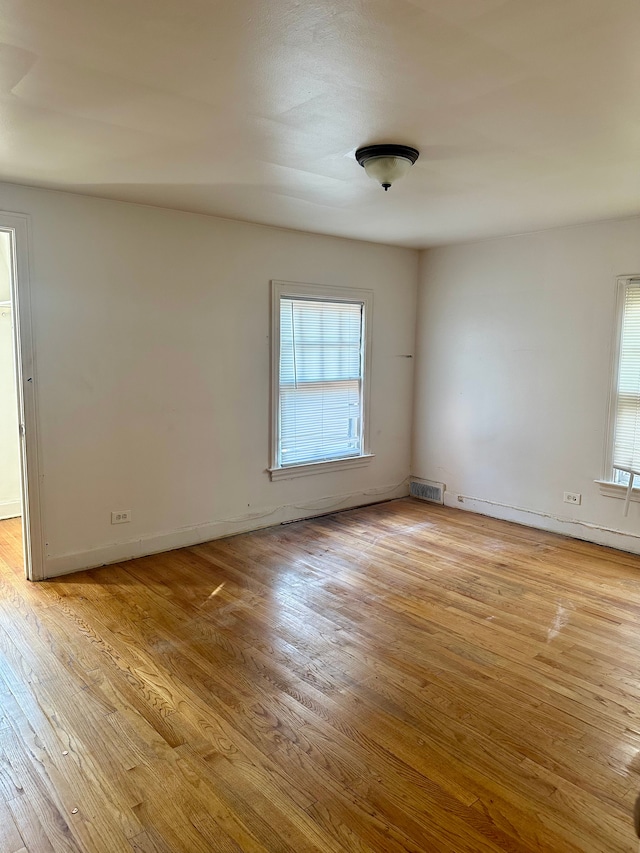 empty room featuring plenty of natural light, light wood-type flooring, and a baseboard radiator