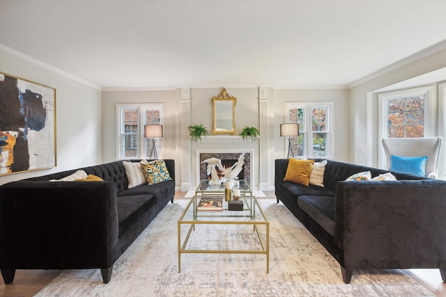 living room featuring crown molding, a premium fireplace, and light wood-type flooring