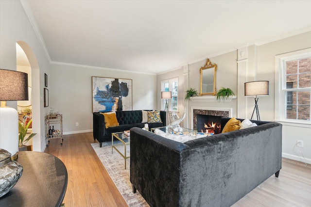 living room with a fireplace, crown molding, plenty of natural light, and light hardwood / wood-style floors