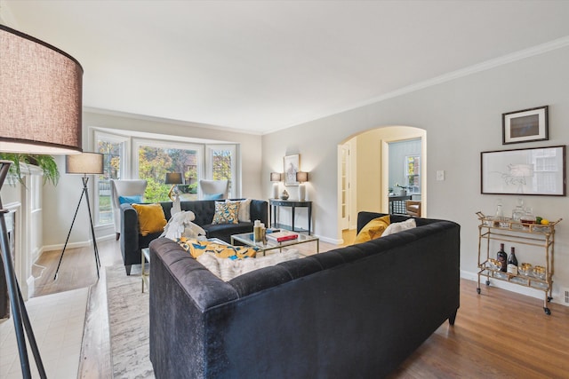 living room with hardwood / wood-style flooring and crown molding