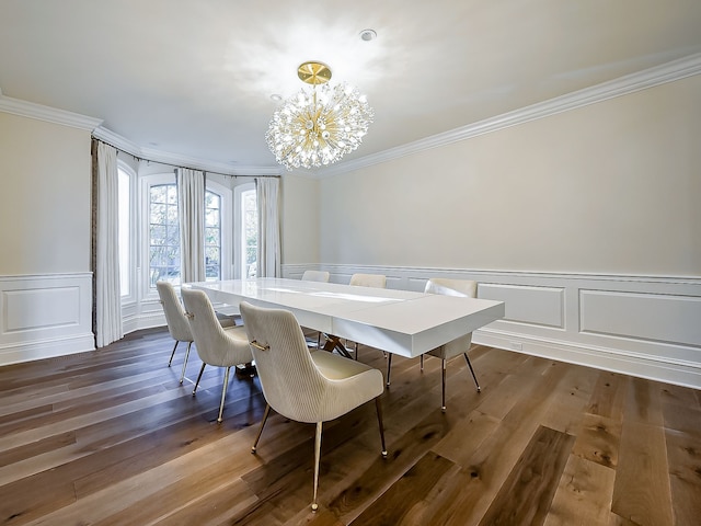 2748 Turtle Lake Dr, Bloomfield Hills, MI 48302 - dining area featuring ornamental molding, a chandelier, a wainscoted wall, dark wood-style floors, and a decorative wall