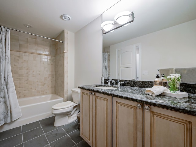 full bathroom with vanity, tile patterned flooring, shower / bathtub combination with curtain, and toilet