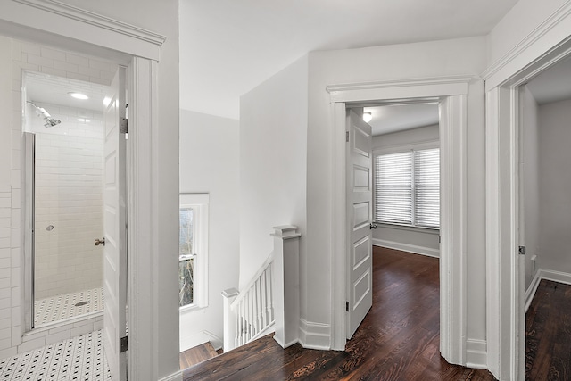 hallway with dark hardwood / wood-style flooring