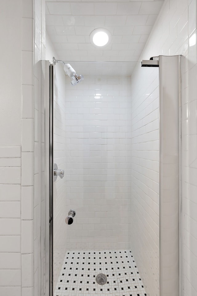 bathroom with a shower with shower door