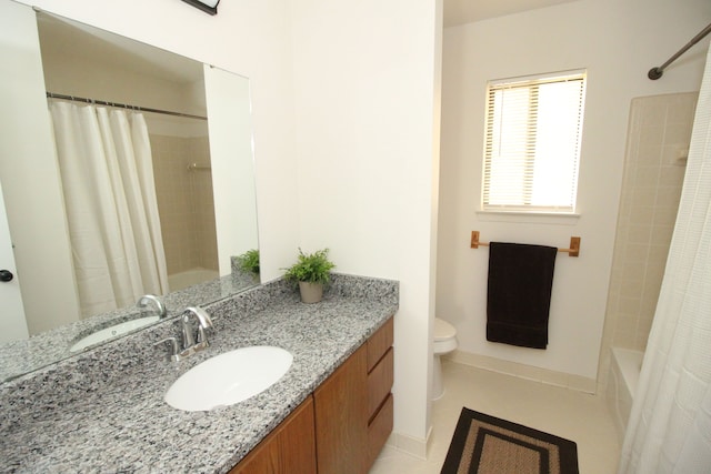 40831 Highpointe Dr, Clinton Township, MI 48038 - bathroom featuring vanity, toilet, shower / bathtub combination with curtain, and tile patterned flooring