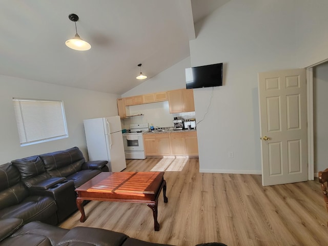 living room featuring light hardwood / wood-style flooring and lofted ceiling