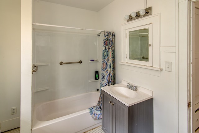 bathroom with shower / tub combo with curtain and vanity