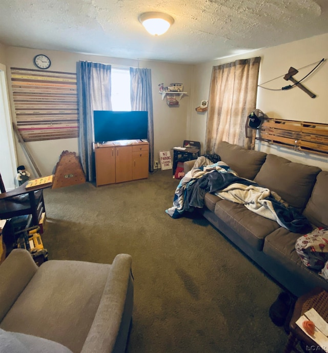 carpeted bedroom featuring a textured ceiling