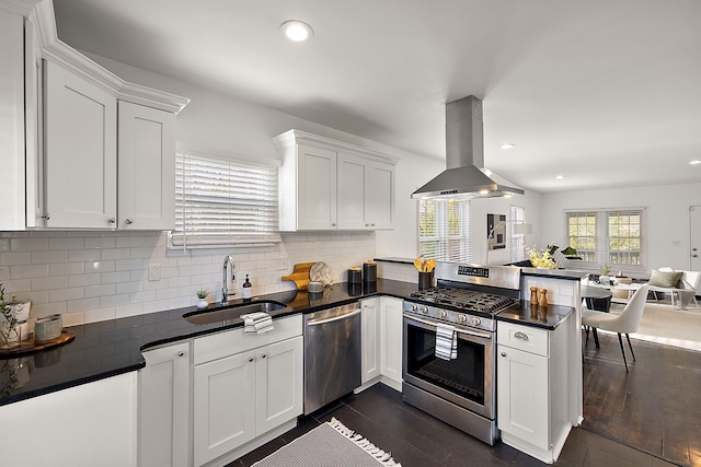 kitchen with white cabinetry, sink, stainless steel appliances, kitchen peninsula, and island exhaust hood