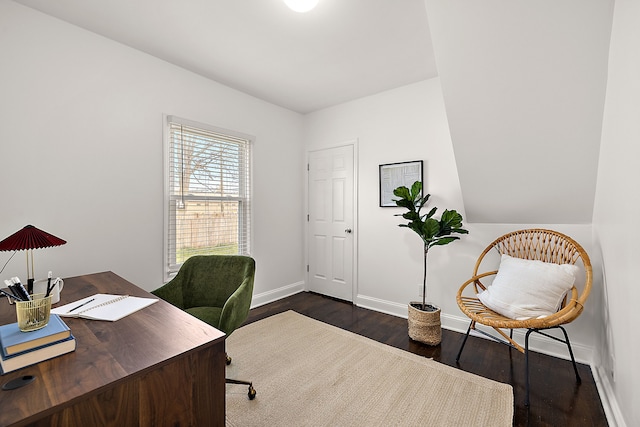 home office featuring dark wood-type flooring