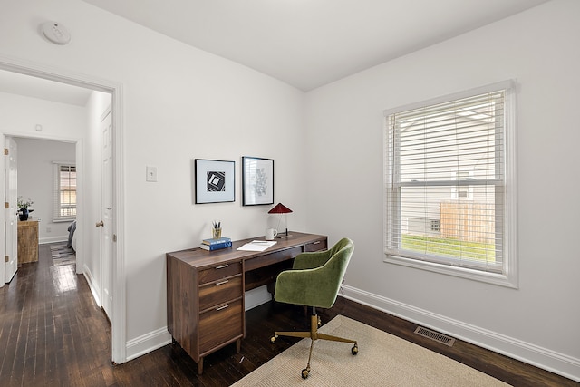 home office featuring dark hardwood / wood-style flooring and a wealth of natural light