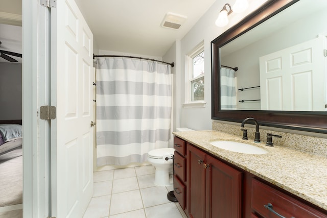 bathroom with tile patterned floors, ceiling fan, toilet, and vanity