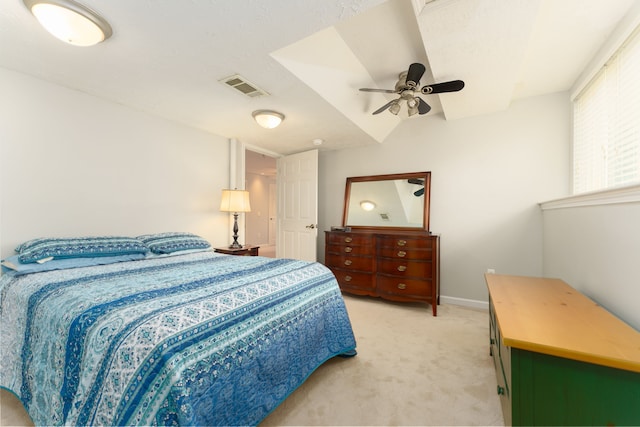 carpeted bedroom with ceiling fan