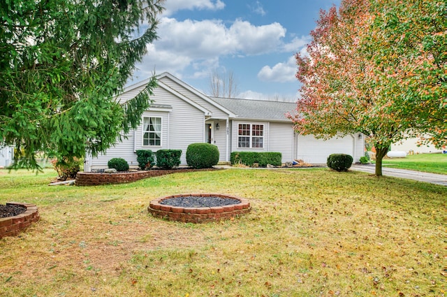 ranch-style house with a front yard and a garage