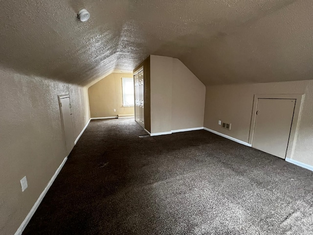 additional living space with a textured ceiling, carpet, baseboards, lofted ceiling, and visible vents