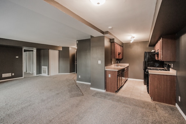 kitchen with sink and light colored carpet