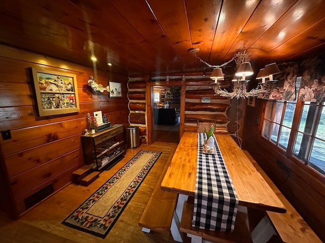 game room with wood walls, hardwood / wood-style floors, wooden ceiling, and an inviting chandelier