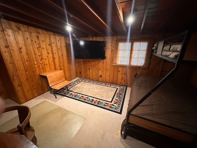 basement with carpet and wooden walls