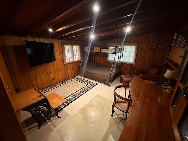 basement featuring wooden walls