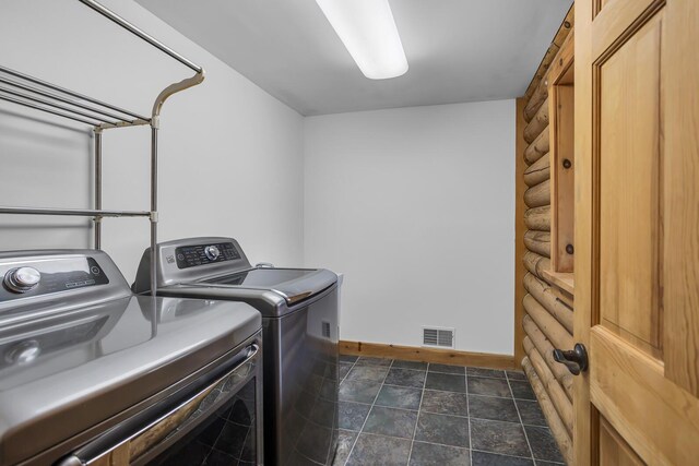10560 Plaza Ct, Jerome, MI 49249 - laundry area with baseboards, washing machine and dryer, rustic walls, and dark stone finish flooring