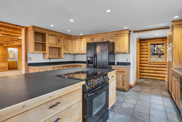 10560 Plaza Ct, Jerome, MI 49249 - kitchen featuring black appliances, stone tile flooring, recessed lighting, log walls, and dark countertops