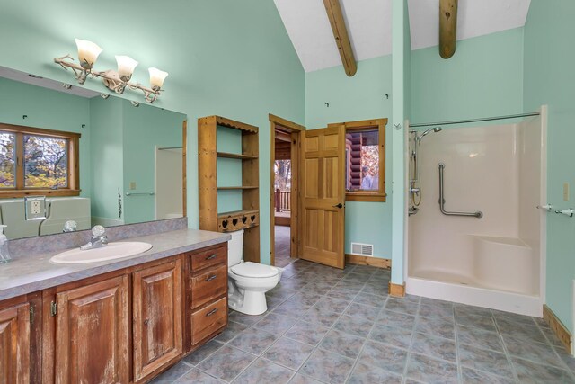 10560 Plaza Ct, Jerome, MI 49249 - bathroom featuring vanity, high vaulted ceiling, a chandelier, toilet, and a shower