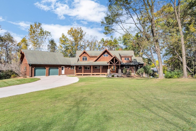 10560 Plaza Ct, Jerome, MI 49249 - log home featuring a garage, driveway, a front yard, and a porch