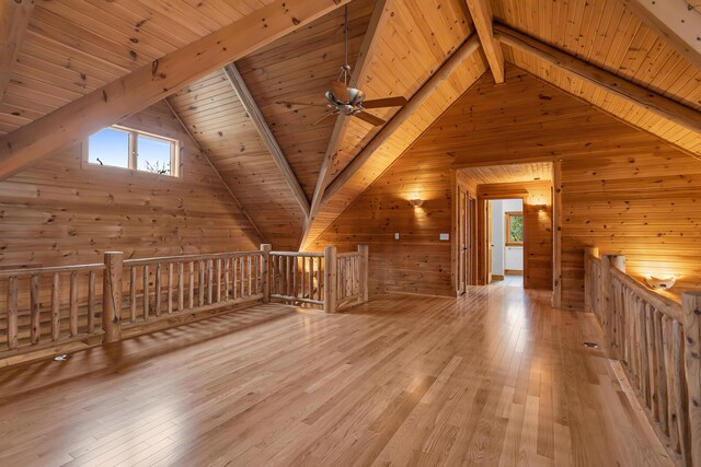 10560 Plaza Ct, Jerome, MI 49249 - additional living space with wood walls, wooden ceiling, hardwood / wood-style flooring, and ceiling fan