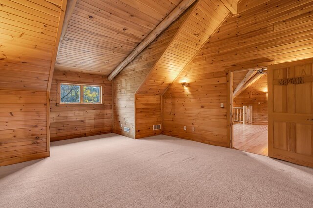 10560 Plaza Ct, Jerome, MI 49249 - additional living space featuring wood walls, wooden ceiling, and carpet flooring
