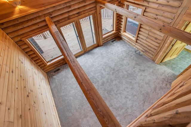 10560 Plaza Ct, Jerome, MI 49249 - unfurnished living room with carpet floors, a skylight, and wood walls