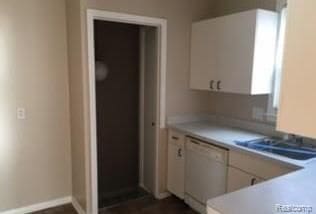 kitchen with dishwasher, white cabinetry, and sink