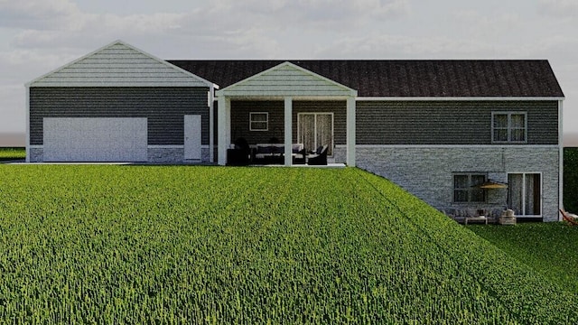 exterior space featuring an outdoor hangout area and a front yard