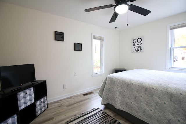 bedroom with ceiling fan and light hardwood / wood-style flooring