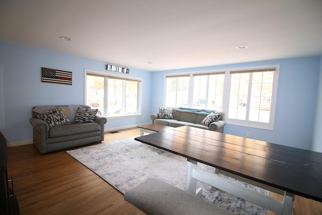 living room with dark hardwood / wood-style flooring