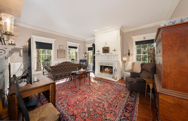 living room featuring ornamental molding and dark wood-type flooring