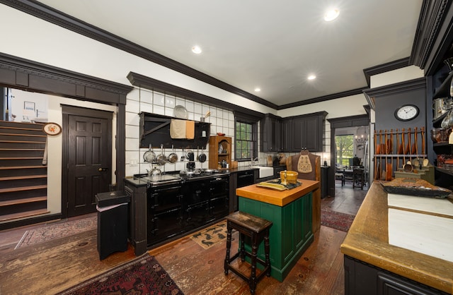 kitchen featuring a kitchen island, dark hardwood / wood-style flooring, crown molding, and wooden counters