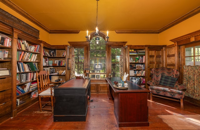 office space with dark hardwood / wood-style floors, ornamental molding, and a notable chandelier