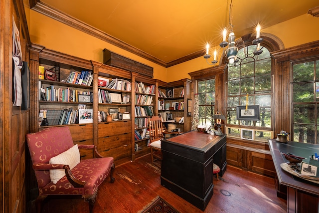 office area with a chandelier, dark hardwood / wood-style floors, plenty of natural light, and crown molding