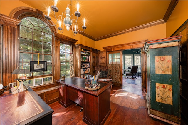 office space with plenty of natural light, dark hardwood / wood-style floors, and ornamental molding