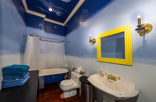 full bathroom with shower / tub combo, crown molding, sink, wood-type flooring, and toilet