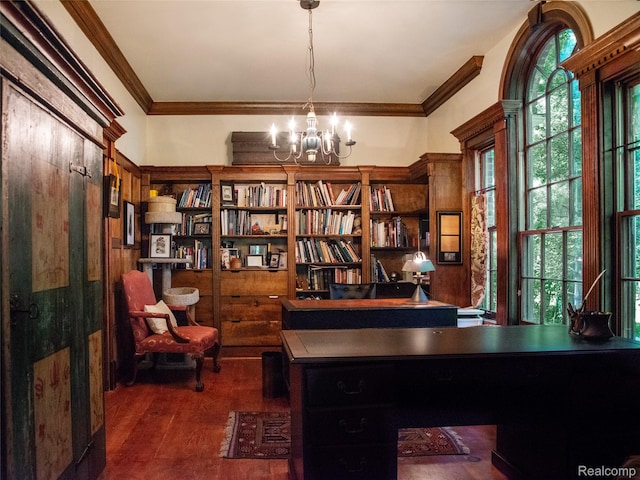 6230 Winkler Mill Rd, Rochester Hills, MI 48306 - home office featuring a chandelier, crown molding, and wood finished floors