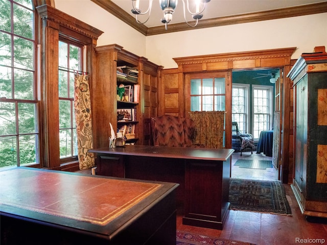 6230 Winkler Mill Rd, Rochester Hills, MI 48306 - home office featuring crown molding, a chandelier, and healthy amount of natural light