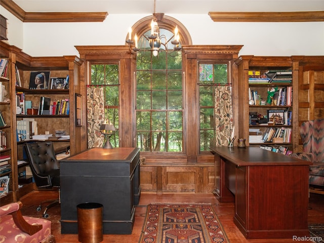 6230 Winkler Mill Rd, Rochester Hills, MI 48306 - office featuring a chandelier, ornamental molding, plenty of natural light, and dark wood-style floors