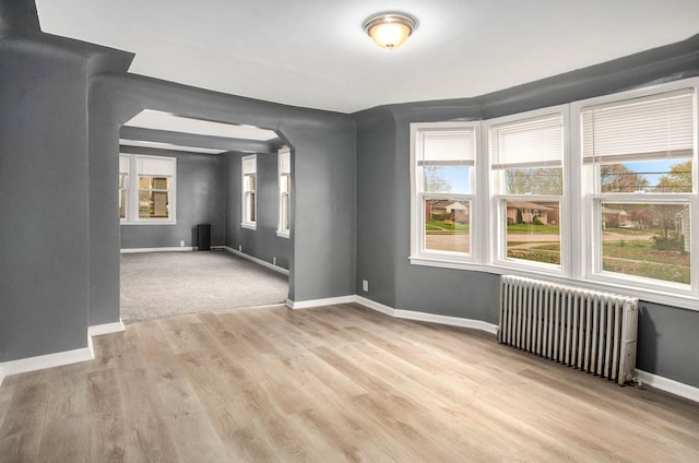 unfurnished room featuring a wealth of natural light, light hardwood / wood-style floors, and radiator