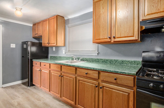 kitchen featuring black appliances, light hardwood / wood-style floors, sink, and exhaust hood