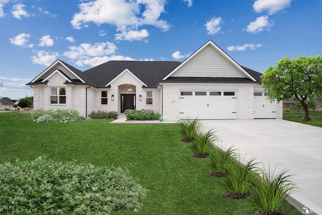 view of front facade with a garage and a front lawn