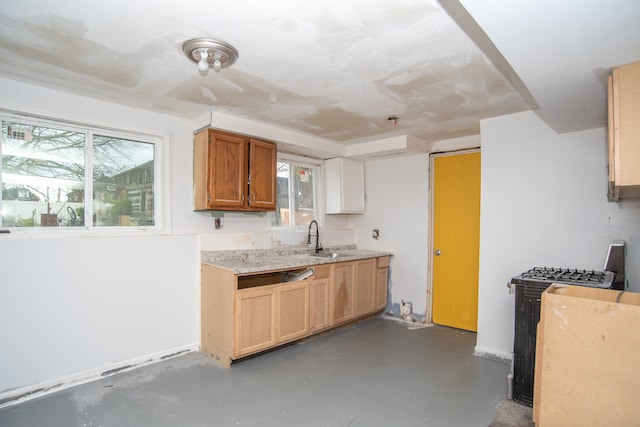 kitchen with sink, gas range oven, and a healthy amount of sunlight