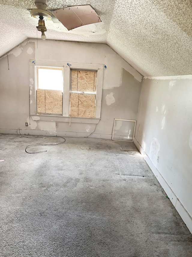 additional living space with carpet, lofted ceiling, and a textured ceiling