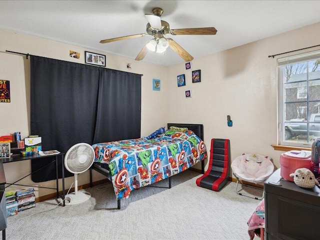 bedroom featuring carpet flooring and ceiling fan