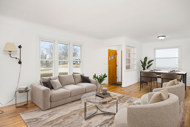 living room with plenty of natural light and light hardwood / wood-style flooring